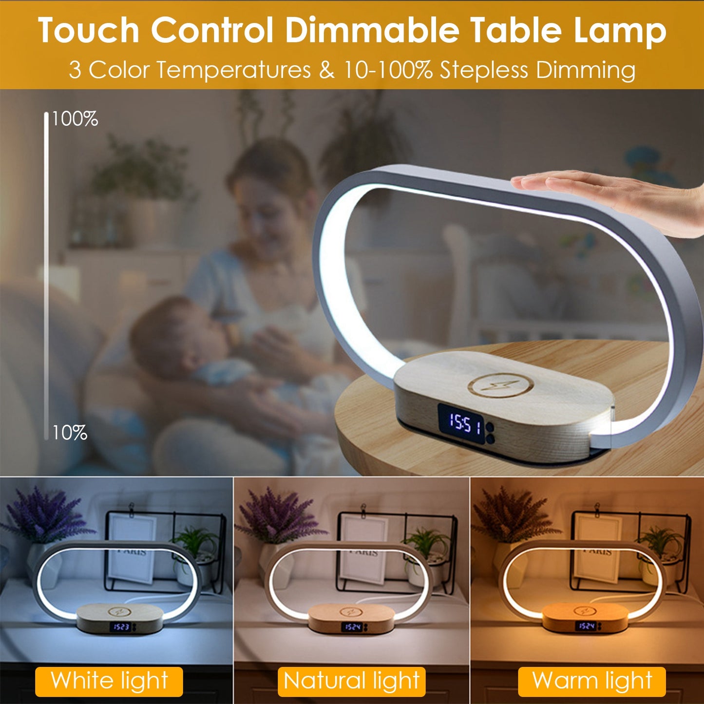 Touch Control Desk Lamp with Wireless Charging & Clock