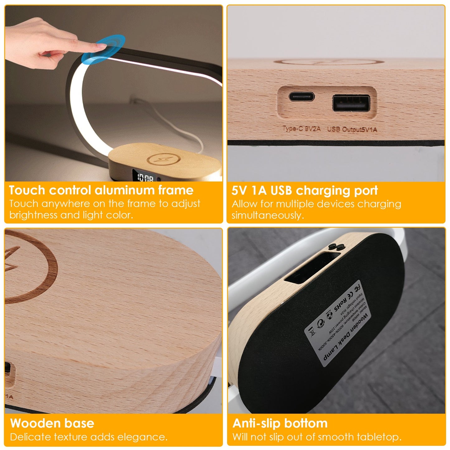 Touch Control Desk Lamp with Wireless Charging & Clock